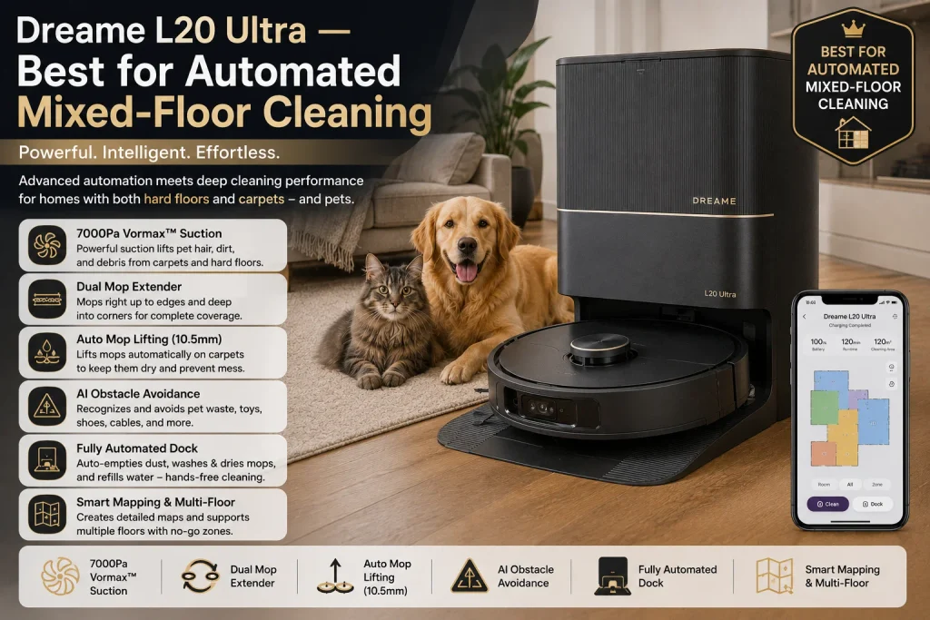 Dreame L20 Ultra — Best for Automated Mixed-Floor Cleaning